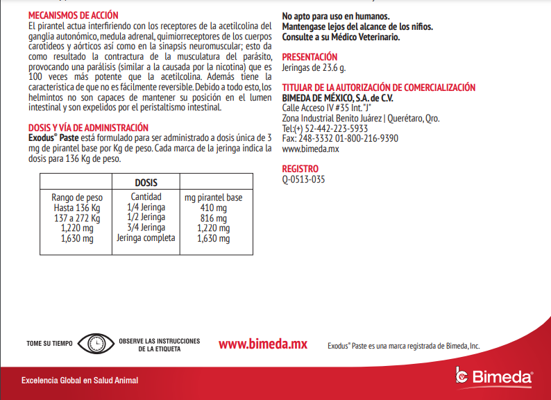Exodus (Pamoato de Pirantel) jeringa 23,6 grs