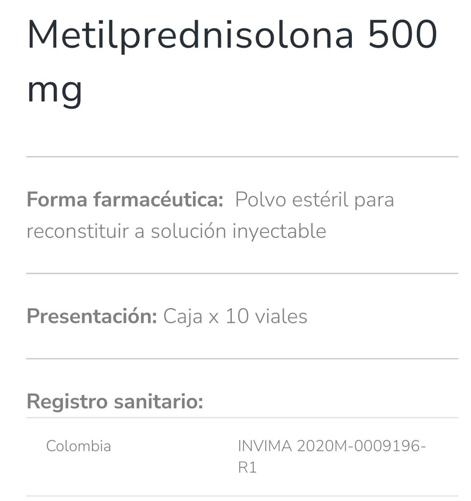METILPREDNISOLONA SUCCIONATO 500MG/8ML caja x 10 ampollas 