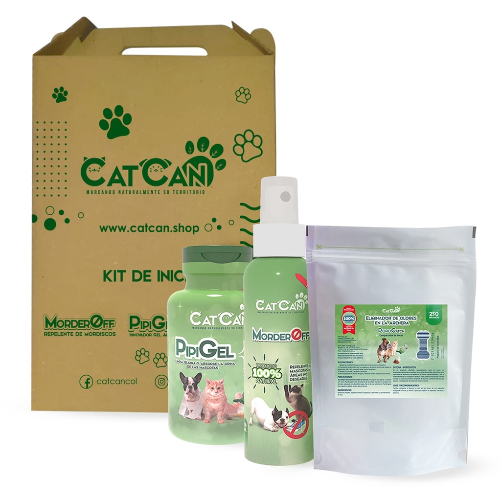Kit de Inicio Cat Can 3 Productos (Pipi Gel, Morder Off, Popocatch) ideal para nuevos integrantes en tu familia