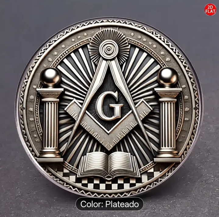 Broche de compás y escuadra masónica, columnas y libro sagrado 2D